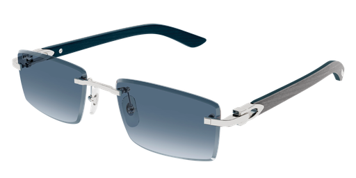 Cartier Sunglasses with blue gradient lenses and silver frame on a white background